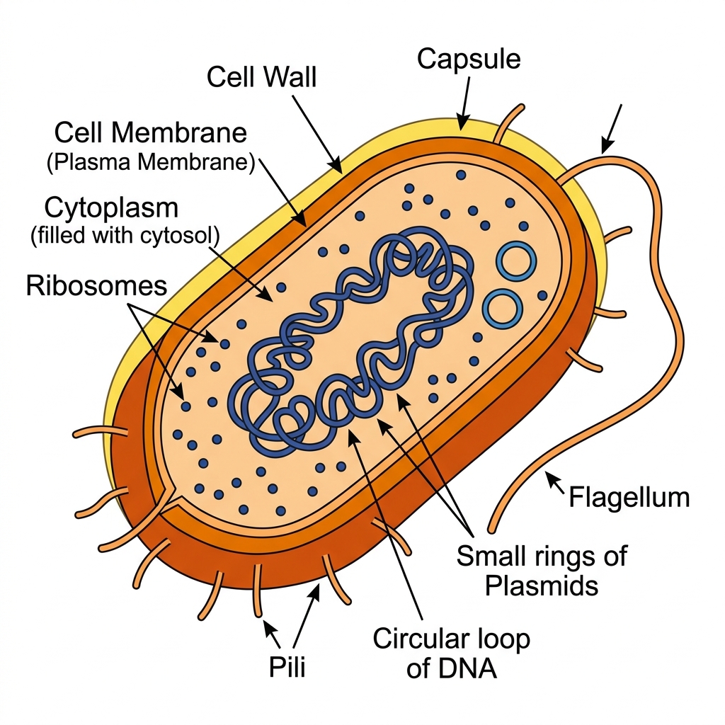 Structure of a Bacterial Cell showing loop of DNA and plasmids