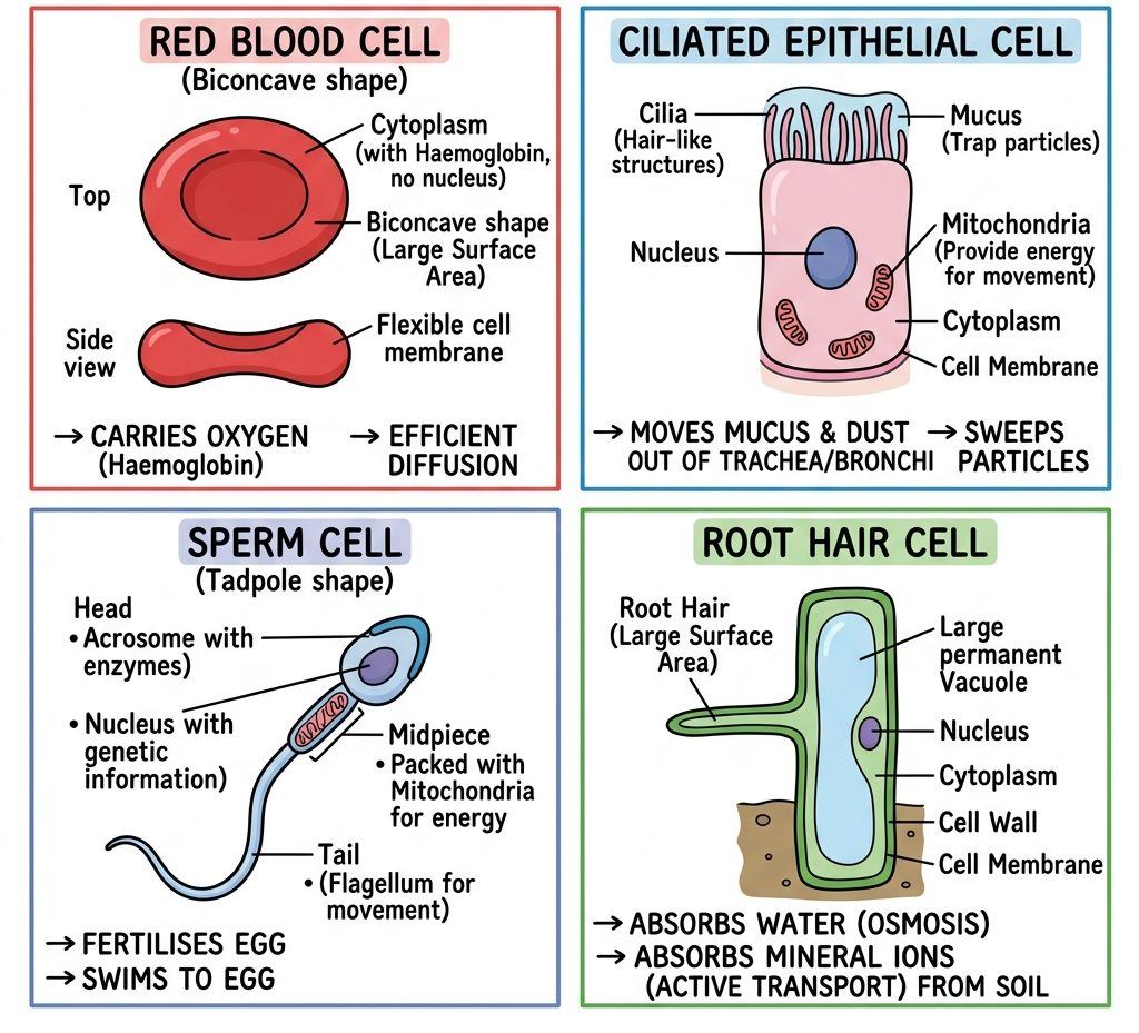 Various specialised cells and their adaptations